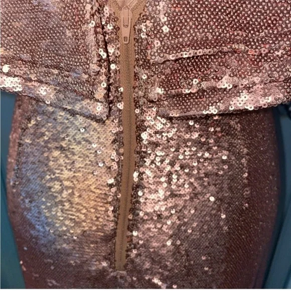 NWT C/MEO Collective Illuminated Sequin Ruffle Midi Dress | Copper Rose Gold | S - Picture 11 of 12